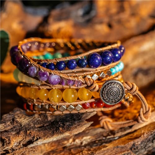 YGLINE Natural Stone Wrap Bracelet for Women Boho Bracelets Healing Crystal Beaded Bracelet Adjustable 3/5 Wraps Bracelet Handmade Birthday Gifts for Women - color: chakra beads