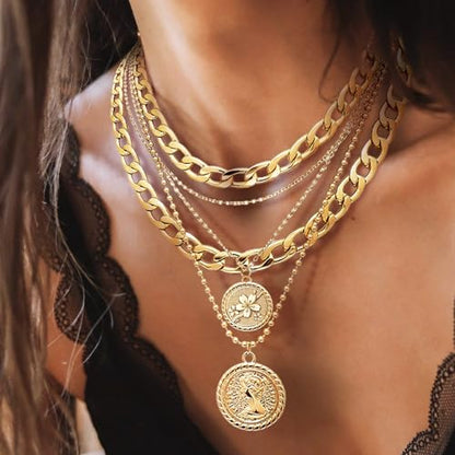 MJartoria Gold Layered Necklaces for Women Trendy Retro Birthflower Coin Pendant Necklace Dainty Chunky Chain Choker Necklaces for Jewelry Birthday Gifts - color: Golden, style: March Birthflower-Sakura