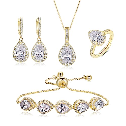 Crysdue Wedding Bridal Teardrop CZ Pendant Necklace Open Ring Dangle Earrings Adjustable Slider Bracelet Jewelry Set, Birthday Mothers Day Christmas Jewellery Gift for Women/Mom/Wife - style: 01-Teardrop Clear Gold-Tone