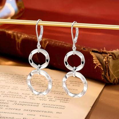 ALEXCRAFT Gold Hammered Double Circle Leverback Dangle Earrings | Hypoallergenic, Drop Handmade, Hammered Round, Minimalist Boho - color: Hammered-Silver