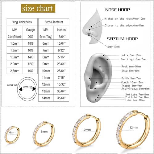 Hypoallergenic Unisex Surgical Steel Small Cubic Zirconia Huggie Hoop Earring, Color Gold - Silver - Rose Gold - Black - Rainbow, Size 6mm- 12mm Safe for Sensitive Ear - style: P05 : 8mm - gold - red cz