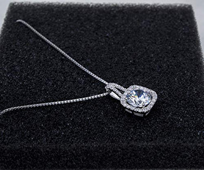 SBLING Platinum Plated Cubic Zirconia/Austrian Crystal Cushion Shape Halo Pendant Necklace/Earrings - color: Moveable pendant-Cubic Zirconia