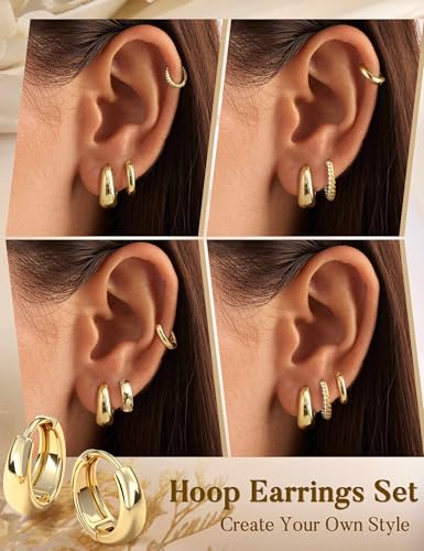 Jstyle Small Hoop Earrings for Women, Gold Silver Earring Stack | 4Pcs Huggie Hoop Earrings Set, Non Tarnish, Chunky Cartilage Earring, Piercing Jewelry, Comfortable Daily Wear - color: 14K Gold Plated