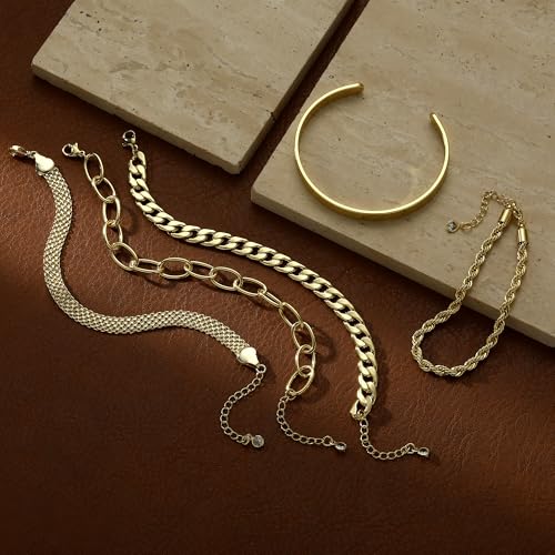 Dainty Bracelet for Women 14K Gold Plated Cross Pearl CZ Leaf Bracelets Set Gold Layering Bracelets Everyday Jewelry - color: 5 Layer Cuff Set -GD