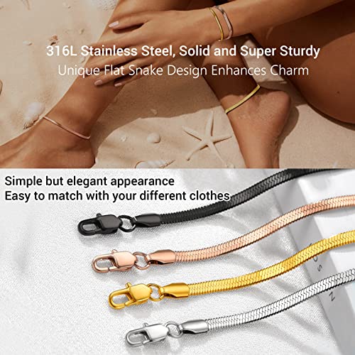 PROSTEEL 316L Stainless Steel Herringbone Flat Chain Bracelets/Anklets, Beautiful Summer Jewelry, Black/Yellow Gold/Rose Gold Plated, 6.3inch/8.5inch Adjustable, Come Box - color: Silver