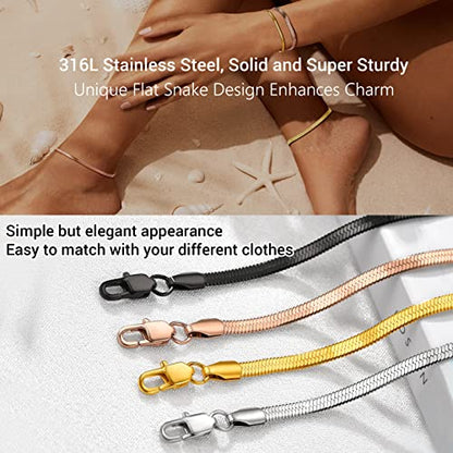 PROSTEEL 316L Stainless Steel Herringbone Flat Chain Bracelets/Anklets, Beautiful Summer Jewelry, Black/Yellow Gold/Rose Gold Plated, 6.3inch/8.5inch Adjustable, Come Box - color: Silver