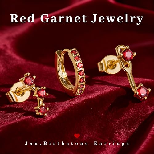 3 Pairs Dainty Small Earrings Set for Women Trendy, Birthstone Stud Huggie Hoop Jacket Stack for Cartilage Helix, Gold Plated Hypoallergenic Cute Women Fashion Accessories Western Jewelry Gifts - color: 01Red Created Garnet-Jan (Gold)