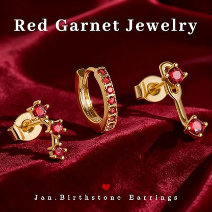 3 Pairs Dainty Small Earrings Set for Women Trendy, Birthstone Stud Huggie Hoop Jacket Stack for Cartilage Helix, Gold Plated Hypoallergenic Cute Women Fashion Accessories Western Jewelry Gifts - color: 01Red Created Garnet-Jan (Gold)
