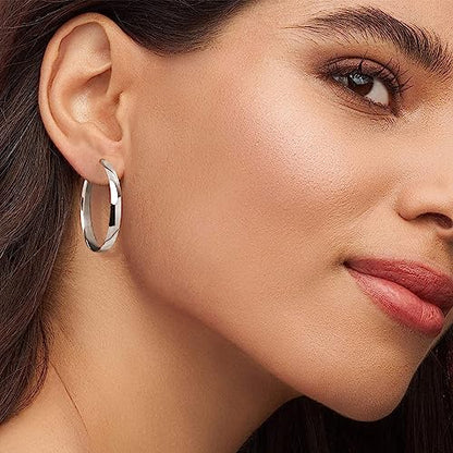 EXGOX 5mm Wide Gold Hoop Earrings for Women,Sterling Silver Hoop Earrings Large Silver Hoop Earrings Hypoallergenic Lightweight 14K Real Gold Plated Big Hoop Earrings for Women 30/40/50/60/70mm - color: Silver Color/30MM