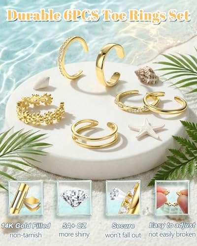 Besteel 6 PCS Toe Rings for Women - 14K Gold Filled Non Tarnish Waterproof | Adjustable Silver Toe Ring Simple Open Band Hug CZ Chunky Flower Toe Rings Set Trendy Summer Beach Foot Jewelry for Women - style: Gold: twist&flower toe ring