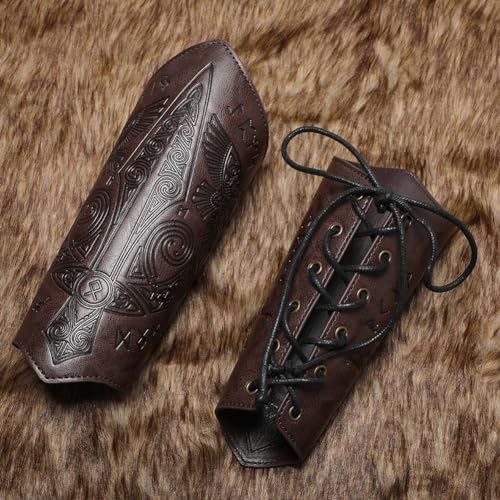 Medieval Leather Bracers Dragon Embossed Viking Leather Bracers Leather Arm Armer Cuff Leather Gauntlet Costumes Accessories - style: Medieval Sward Pattern Leather Bracers-dark Brown