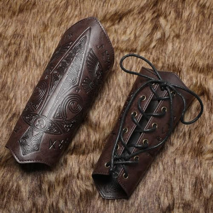 Medieval Leather Bracers Dragon Embossed Viking Leather Bracers Leather Arm Armer Cuff Leather Gauntlet Costumes Accessories - style: Medieval Sward Pattern Leather Bracers-dark Brown