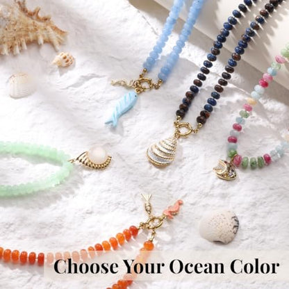 SAMYA Gemstone Beaded Necklace for Women | Ocean Charm Necklace with 8x4mm Natural Dyed Jade Beads, Adjustable 16"+2" Beach Necklace for Women - color: Green jade