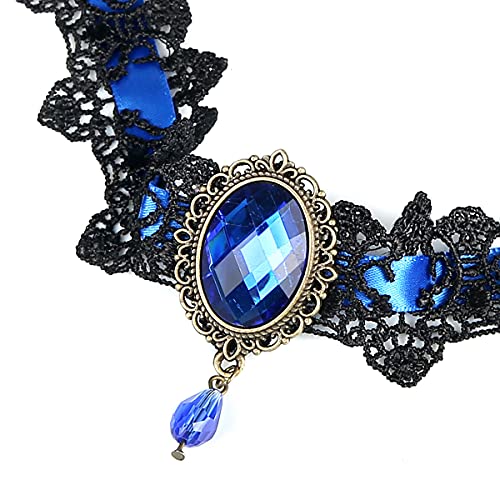 Dainty Black Lace Crystal Choker Necklace Lace Gothic Choker for Women for Halloween Weeding Costume Party Prom Vampire Choker - color: Blue