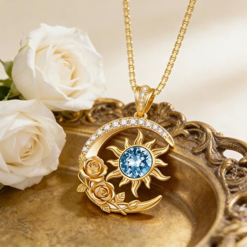 Midari 18K Yellow Gold Sun Moon Star Pendant Rose Flower Necklaces I Love You Forever Sun Moon Jewelry Gift for Mother Women - color: 03-Mar-Aquamarine, style: Sun&Moon