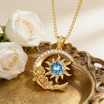 Midari 18K Yellow Gold Sun Moon Star Pendant Rose Flower Necklaces I Love You Forever Sun Moon Jewelry Gift for Mother Women - color: 03-Mar-Aquamarine, style: Sun&Moon