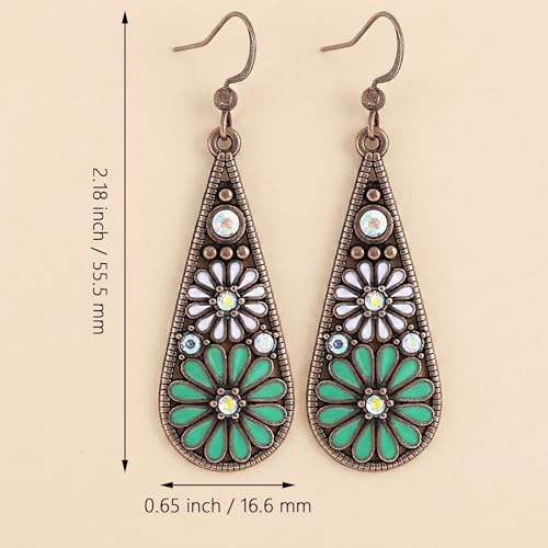 Bohemian Crystal Teardrop Dangle Earrings, Copper, Tribal Geometric Design, Handmade National Style for Women - color: Light Green