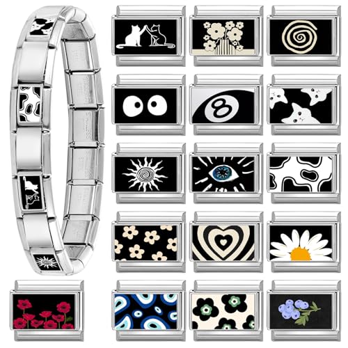 papasgix 11Pcs Italian Charms Set, 10mm*9mm Silvery Italian Charm | Italian Charms Bracelet Link Black Patterns Stainless Steel DIY Jewelry Gifts - style: 22pcs-Sun