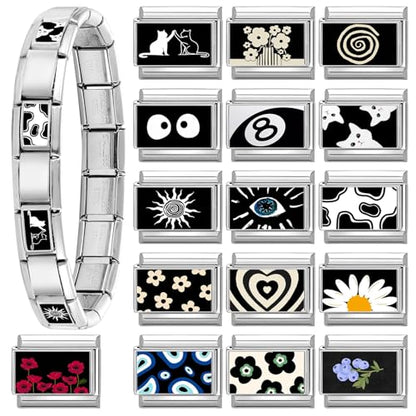 papasgix 11Pcs Italian Charms Set, 10mm*9mm Silvery Italian Charm | Italian Charms Bracelet Link Black Patterns Stainless Steel DIY Jewelry Gifts - style: 22pcs-Sun