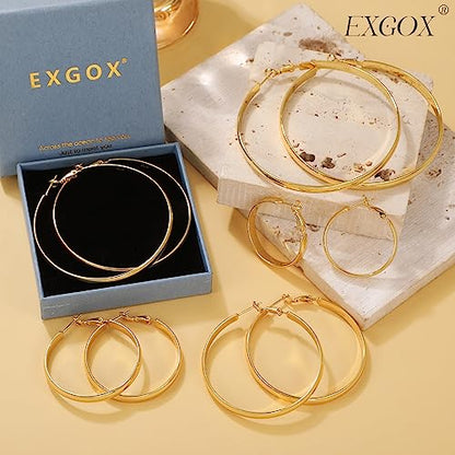 EXGOX 5mm Wide Gold Hoop Earrings for Women,Sterling Silver Hoop Earrings Large Silver Hoop Earrings Hypoallergenic Lightweight 14K Real Gold Plated Big Hoop Earrings for Women 30/40/50/60/70mm - color: Gold Color/50MM