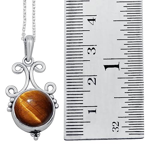 Natural Round Gemstone Pendant Necklace for Women, 925 Sterling Silver | Solitaire Birthstone Jewelry With 18 Inch Chain, Handmade Semi Precious Stone Pendant, Jewelry Gift for Mom, Wife & Sister - color: Tiger Eye