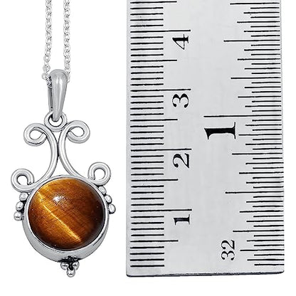 Natural Round Gemstone Pendant Necklace for Women, 925 Sterling Silver | Solitaire Birthstone Jewelry With 18 Inch Chain, Handmade Semi Precious Stone Pendant, Jewelry Gift for Mom, Wife & Sister - color: Tiger Eye
