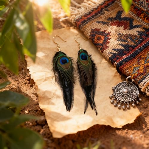 Feather Earrings for Women, Sterling Silver Hook Boho Style Peacock Long Feather Jewelry - color: Peacock Feather-5