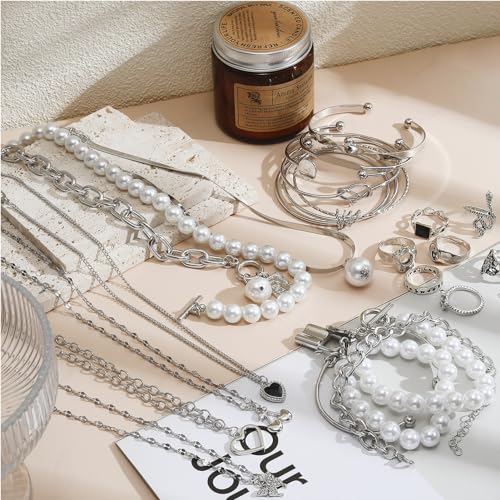 17IF 53 PCS(8 PACK) Silver Plated Jewelry Set for Women，4 Styles | with 6 Necklace 11 Ankle Bracelet 30 Kunckle Ring 6 Pair Earring Hoop Vintage Boho Pearl Birthday Travel Holiday - style: Vintage