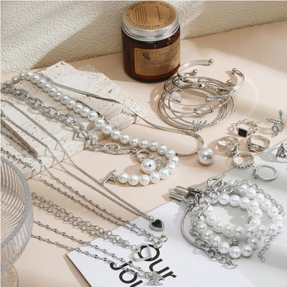 17IF 53 PCS(8 PACK) Silver Plated Jewelry Set for Women，4 Styles | with 6 Necklace 11 Ankle Bracelet 30 Kunckle Ring 6 Pair Earring Hoop Vintage Boho Pearl Birthday Travel Holiday - style: Vintage