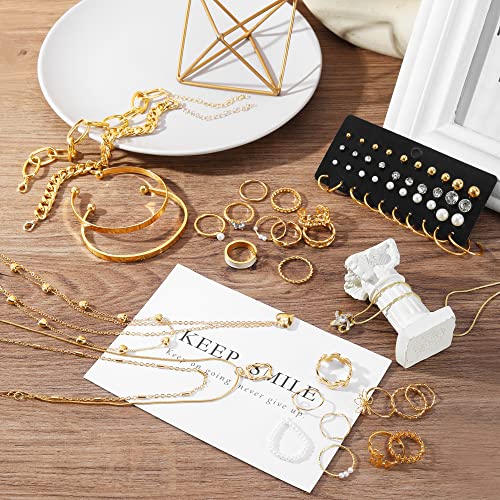 IFKM Gold Plated Jewelry Set for Women,14k Gold Plated Multi Layer Necklaces Stackable Bangle Bracelets Stackable Knuckle Rings Hoop Earrings Set Anniversary Trendy Elegance Charms Anniversary Birthday Jewelry Gift - color: Gold