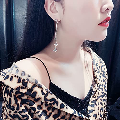 Temperament Crystal Butterfly Drop Dangle Earrings for Women Long Tassel Butterfly Stud Earrings - color: Silver