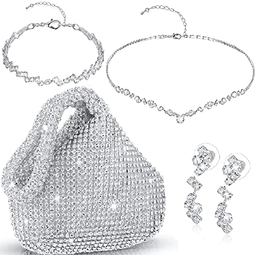 Ditard 4 Pieces Rhinestone Jewelry Set Women Clutch Purse for Prom Sets Wedding Bridal Bracelet Necklace Dangle Ear Clip Crystal Party (Sweet Style), Silver