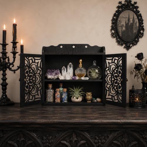 Trinket Shelf, Crystral Shelf Display, Gothic Room Decor, Rock Display Case | Witchy Shelf with Doors, Crystal Display Shelf, Storage Cabinet with Carved Door, Essential Oil Organizer & Stone Holder