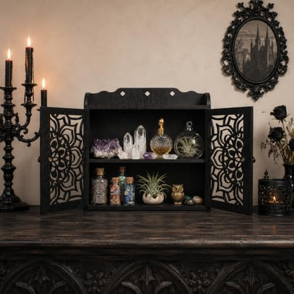 Trinket Shelf, Crystral Shelf Display, Gothic Room Decor, Rock Display Case | Witchy Shelf with Doors, Crystal Display Shelf, Storage Cabinet with Carved Door, Essential Oil Organizer & Stone Holder