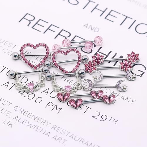 14G Nipple Rings for Women 316L Stainless Steel Heart,Butterfly,Moon,Devil,Flower Nipple Barbell CZ Nipple Rings Set Nipplerings Piercing Jewelry - color: PINK 1
