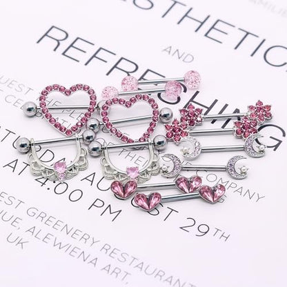 14G Nipple Rings for Women 316L Stainless Steel Heart,Butterfly,Moon,Devil,Flower Nipple Barbell CZ Nipple Rings Set Nipplerings Piercing Jewelry - color: PINK 1