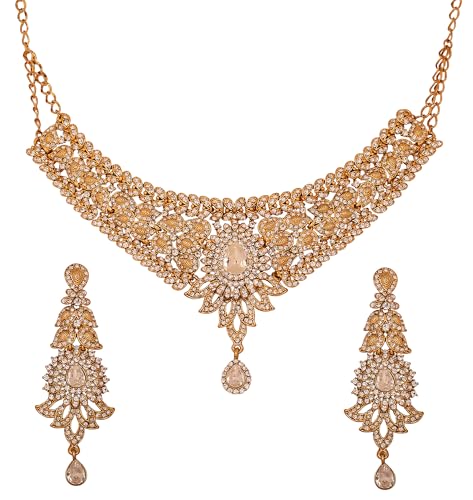 Touchstone Indian jewelry sets for women tikka wedding necklace costume guest statement bollywood rhinestones crystal faux pearls gold big royal neck piece set bridal fashion accessories - color: D313 Gold 2
