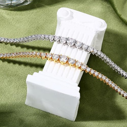 BREN 3 Prong Graduated Tennis Necklaces for Women Men, 18K White/Yellow Gold Plated 16/18 inches Round Cubic Zirconia Dainty Chain Wedding Jewelry Gift - color: Gold, size: 16 inch