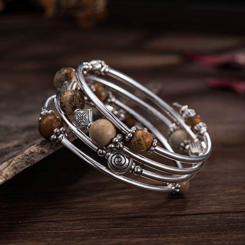 Beaded Pearl Bangle Wrap Bracelet - Fashion Bohemian Jewelry Multilayer Charm Bracelet with Thick Silver Metal Beads, Gift For Women - color: Picture Stone
