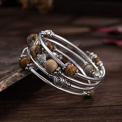 Beaded Pearl Bangle Wrap Bracelet - Fashion Bohemian Jewelry Multilayer Charm Bracelet with Thick Silver Metal Beads, Gift For Women - color: Picture Stone