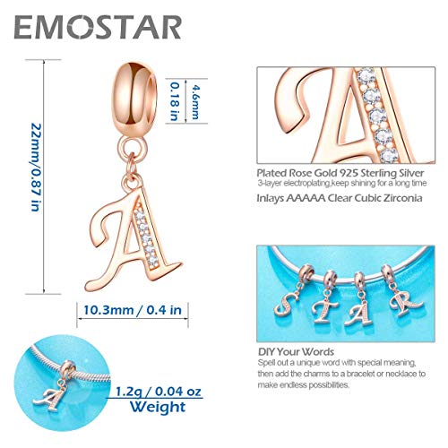 EMOSTAR Letter Charms Initial A-Z Alphabet Beads, Rose Gold 925 Sterling Silver Dangle CZ Birthstone Pendant, Gifts for European Charm Bracelet/Mothers Day/Birthday - color: Letter A