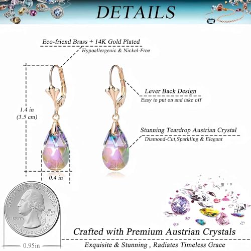 Austrian Crystal Teardrop Leverback Dangle Earrings for Women Fashion 14K Gold Plated Hypoallergenic Jewelry - color: Rainbow
