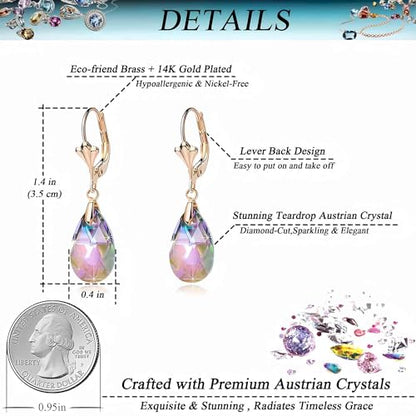 Austrian Crystal Teardrop Leverback Dangle Earrings for Women Fashion 14K Gold Plated Hypoallergenic Jewelry - color: Rainbow
