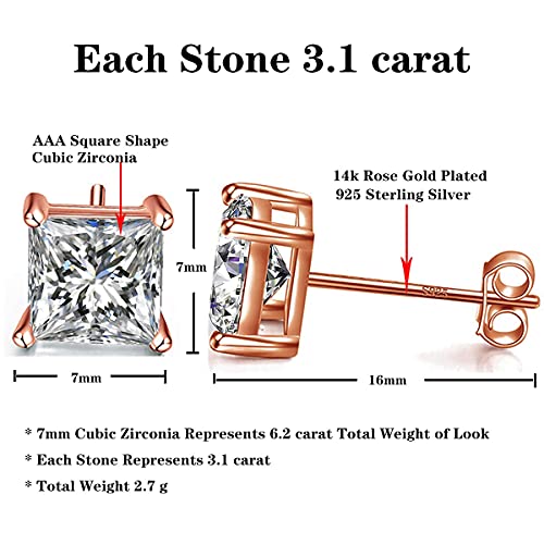 925 Sterling Silver Stud Earrings 4 Prong Princess Cut Square Cubic Zirconia Ear Stud for Women Men CZ 4mm-7mm - style: Rose Gold--6.20cttw (7mm)