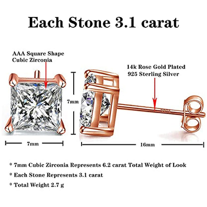 925 Sterling Silver Stud Earrings 4 Prong Princess Cut Square Cubic Zirconia Ear Stud for Women Men CZ 4mm-7mm - style: Rose Gold--6.20cttw (7mm)