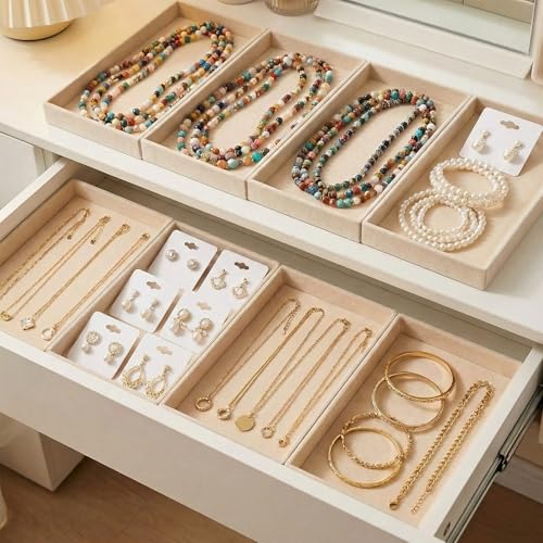 12 Pcs Velvet Jewelry Tray, 8.3x5x1 Inches Stackable Jewelry Drawers Organizer Trays JewelryStorage Display Trays for Necklace, Earring, Ring, Bracelet (Beige)