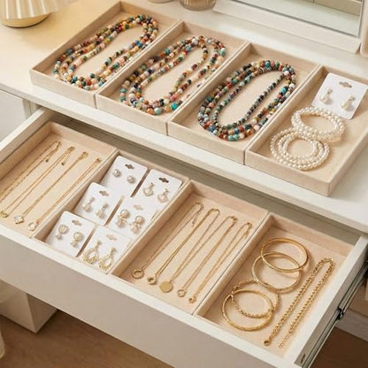 12 Pcs Velvet Jewelry Tray, 8.3x5x1 Inches Stackable Jewelry Drawers Organizer Trays JewelryStorage Display Trays for Necklace, Earring, Ring, Bracelet (Beige)