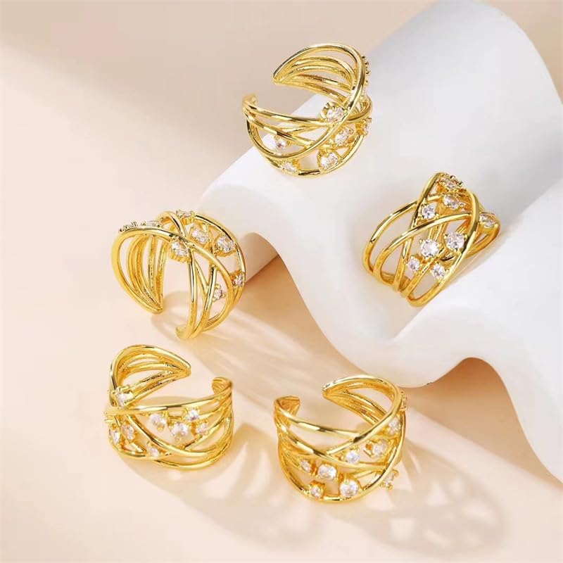 18K Gold Plated Rings for Women and Teen Girls Non Tarnish Cubic Zirconia Fidget Ring Butterfly/Snake/Mesh/Cross/Crown Knuckle Ring Open Adjustable Statement Stacking Chunky Rings - color: Mesh
