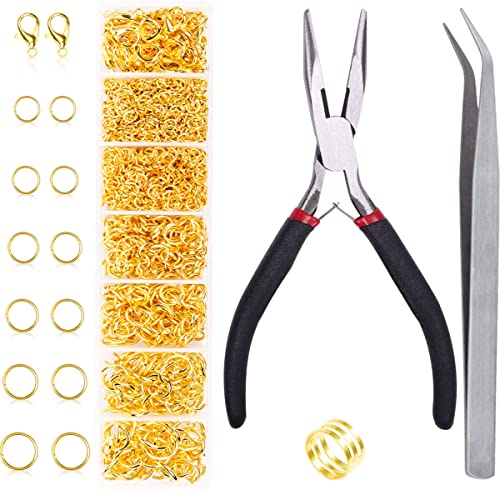 Jump Rings for Jewelry Making Kit, 1500 pcs Jewelry Repair Kit for Necklace Bracelet, Lobster Clasps and Closures Repair Supplies Kit with Pliers Tweezers-Gold - color: Gold