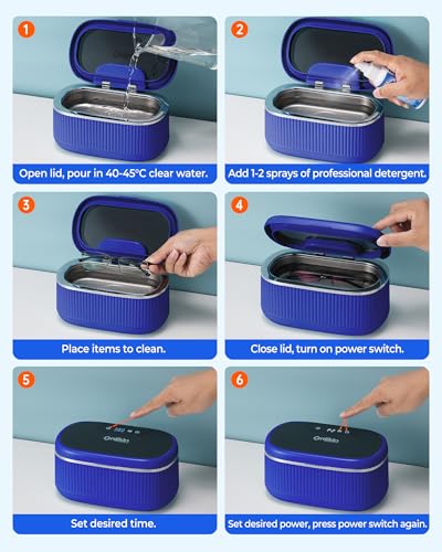 45KHz Ultrasonic Jewelry Cleaner, 5 Timer & 3 Power Modes, 35W Retainer Cleaner for Jewelry, Eyeglasses, Rings, Watch Strap, Dentures - Quiet <38dB, 20oz, 304 Stainless Steel (Sapphire blue) - color: Sapphire blue